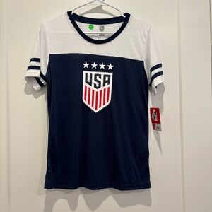 US Soccer USA Crest Navy White Colorblock T-Shirt Womens Medium NWT USWNT